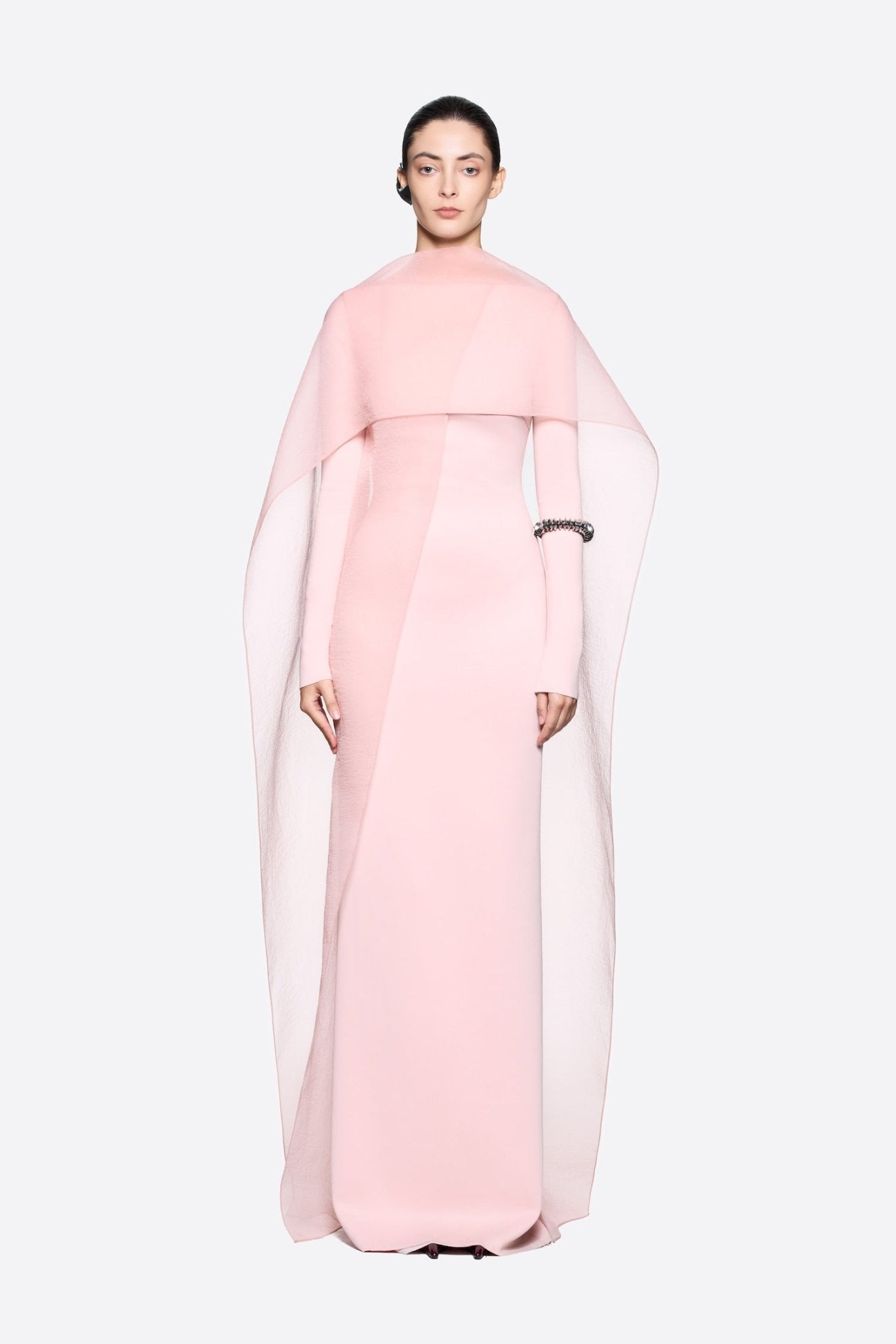 Modern Cape Sleeve Slimming Full Length Formal Maxi Dress With Transparent Cape Detail - MAYMOONLY