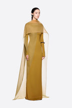 Modern Cape Sleeve Slimming Full Length Formal Maxi Dress With Transparent Cape Detail - MAYMOONLY