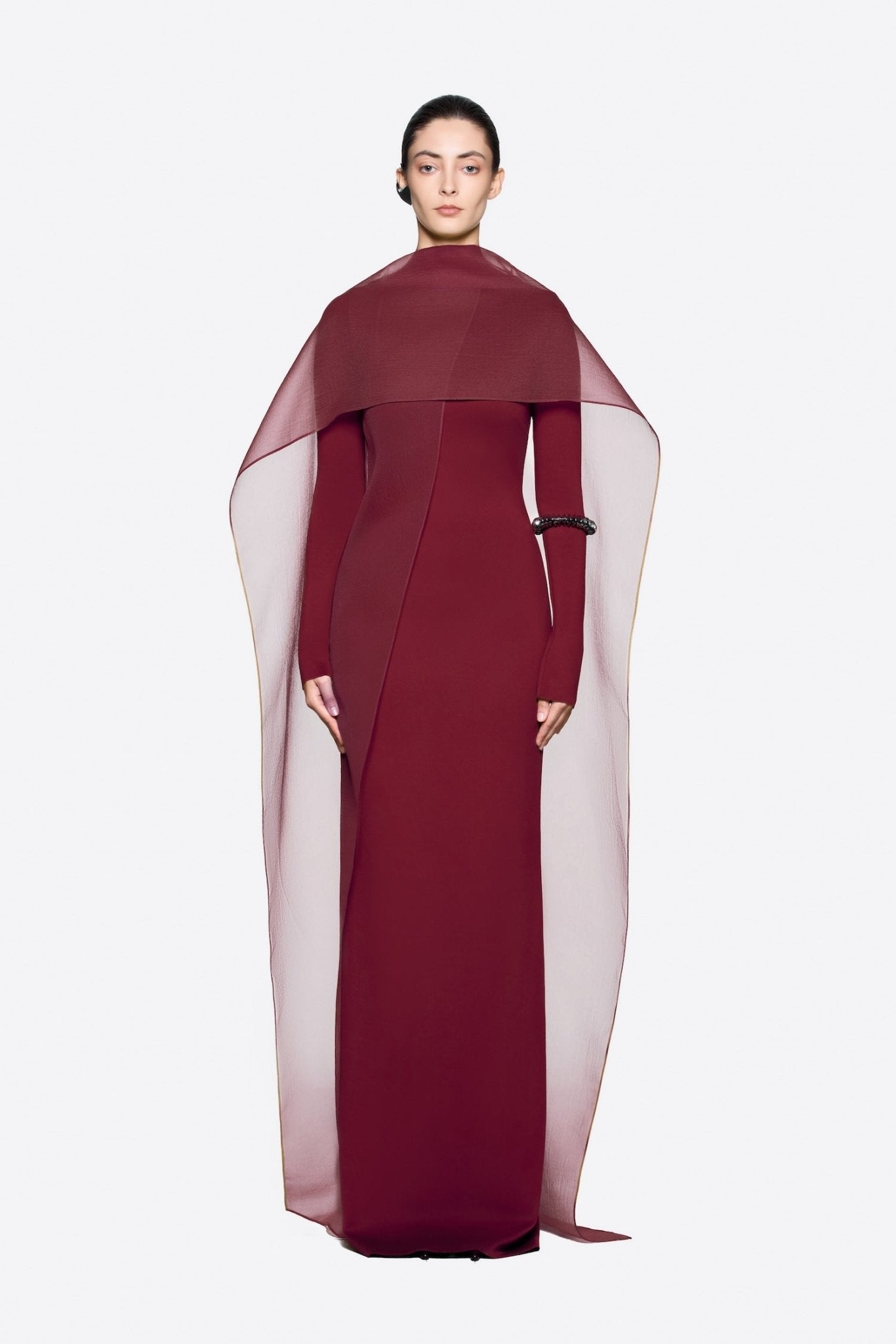 Modern Cape Sleeve Slimming Full Length Formal Maxi Dress With Transparent Cape Detail - MAYMOONLY