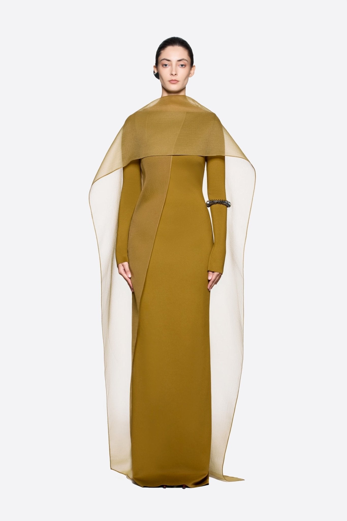 Modern Cape Sleeve Slimming Full Length Formal Maxi Dress With Transparent Cape Detail - MAYMOONLY