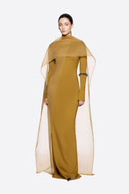 Modern Cape Sleeve Slimming Full Length Formal Maxi Dress With Transparent Cape Detail - MAYMOONLY