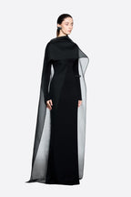 Modern Cape Sleeve Slimming Full Length Formal Maxi Dress With Transparent Cape Detail - MAYMOONLY