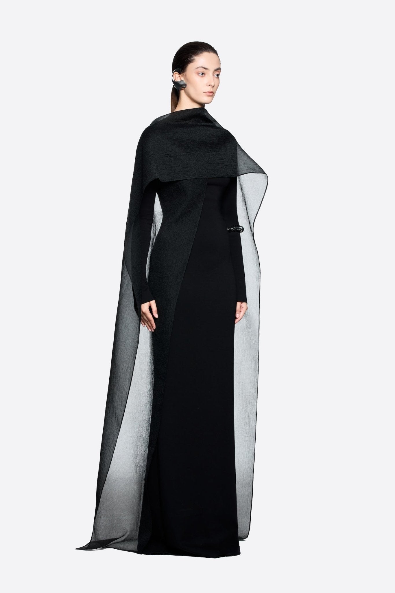 Modern Cape Sleeve Slimming Full Length Formal Maxi Dress With Transparent Cape Detail - MAYMOONLY