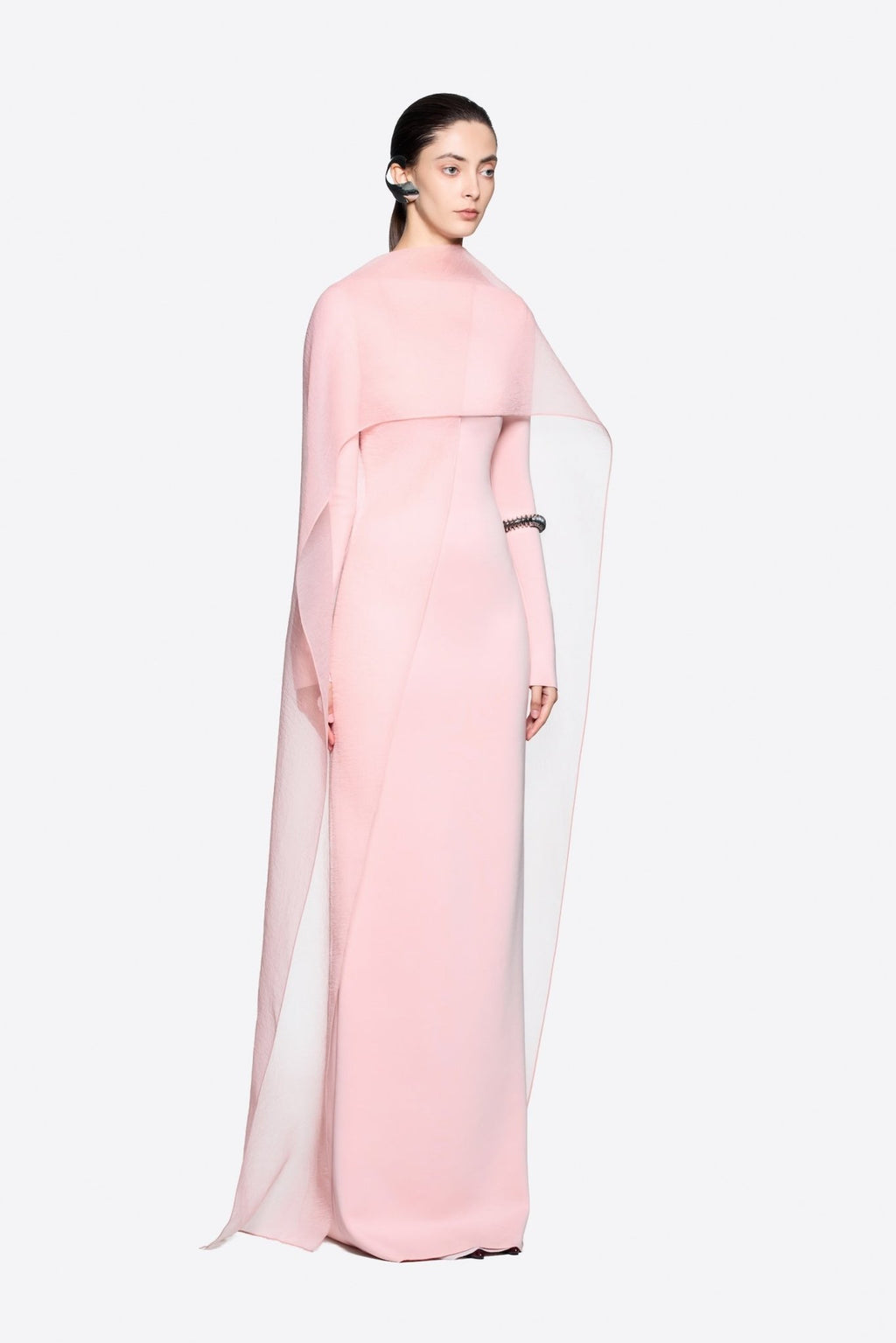 Modern Cape Sleeve Slimming Full Length Formal Maxi Dress With Transparent Cape Detail - MAYMOONLY