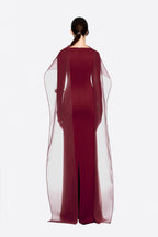Modern Cape Sleeve Slimming Full Length Formal Maxi Dress With Transparent Cape Detail - MAYMOONLY