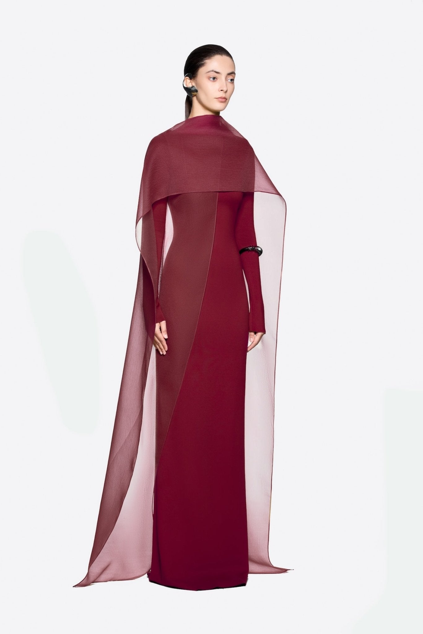Modern Cape Sleeve Slimming Full Length Formal Maxi Dress With Transparent Cape Detail - MAYMOONLY