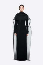 Modern Cape Sleeve Slimming Full Length Formal Maxi Dress With Transparent Cape Detail - MAYMOONLY