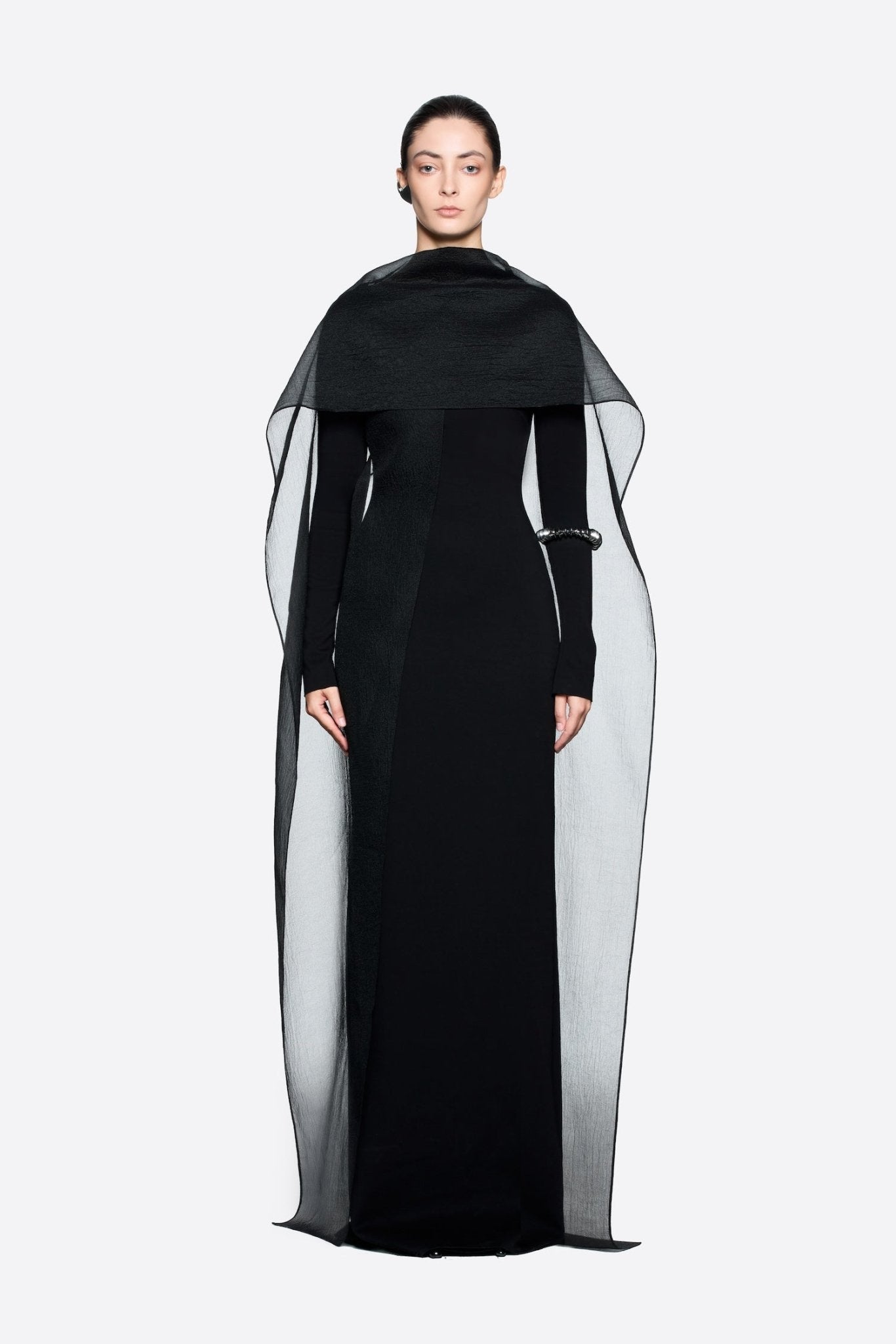 Modern Cape Sleeve Slimming Full Length Formal Maxi Dress With Transparent Cape Detail - MAYMOONLY