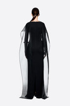 Modern Cape Sleeve Slimming Full Length Formal Maxi Dress With Transparent Cape Detail - MAYMOONLY