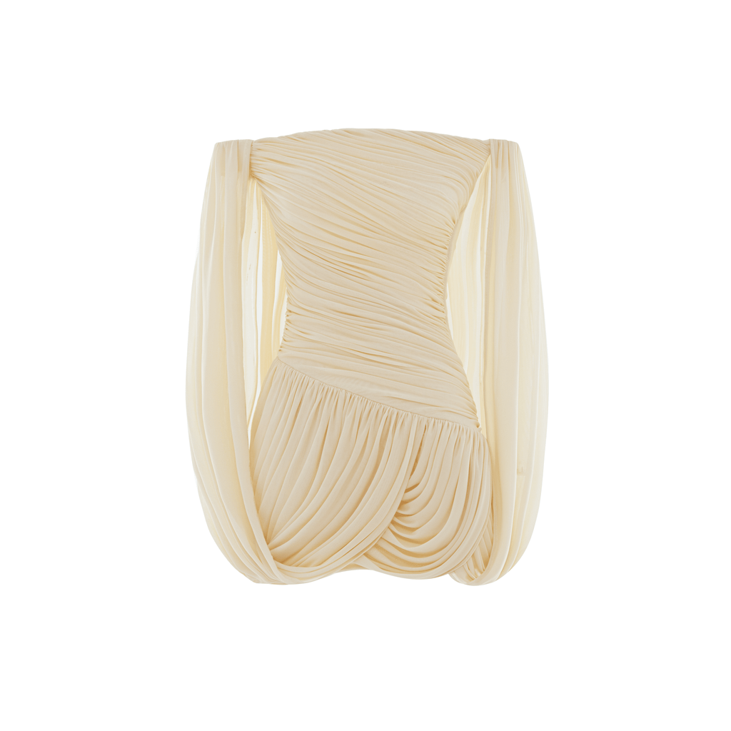 Off Shoulder Flowy Sleeve Ruched Mini Dress - MAYMOONLY
