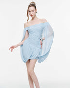 Off Shoulder Flowy Sleeve Ruched Mini Dress - MAYMOONLY