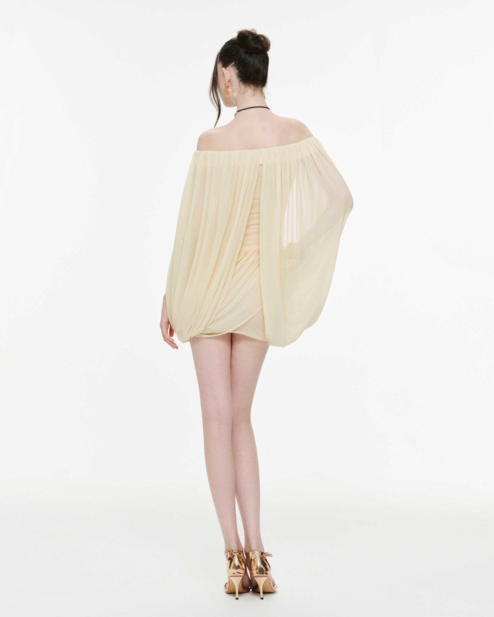 Off Shoulder Flowy Sleeve Ruched Mini Dress - MAYMOONLY