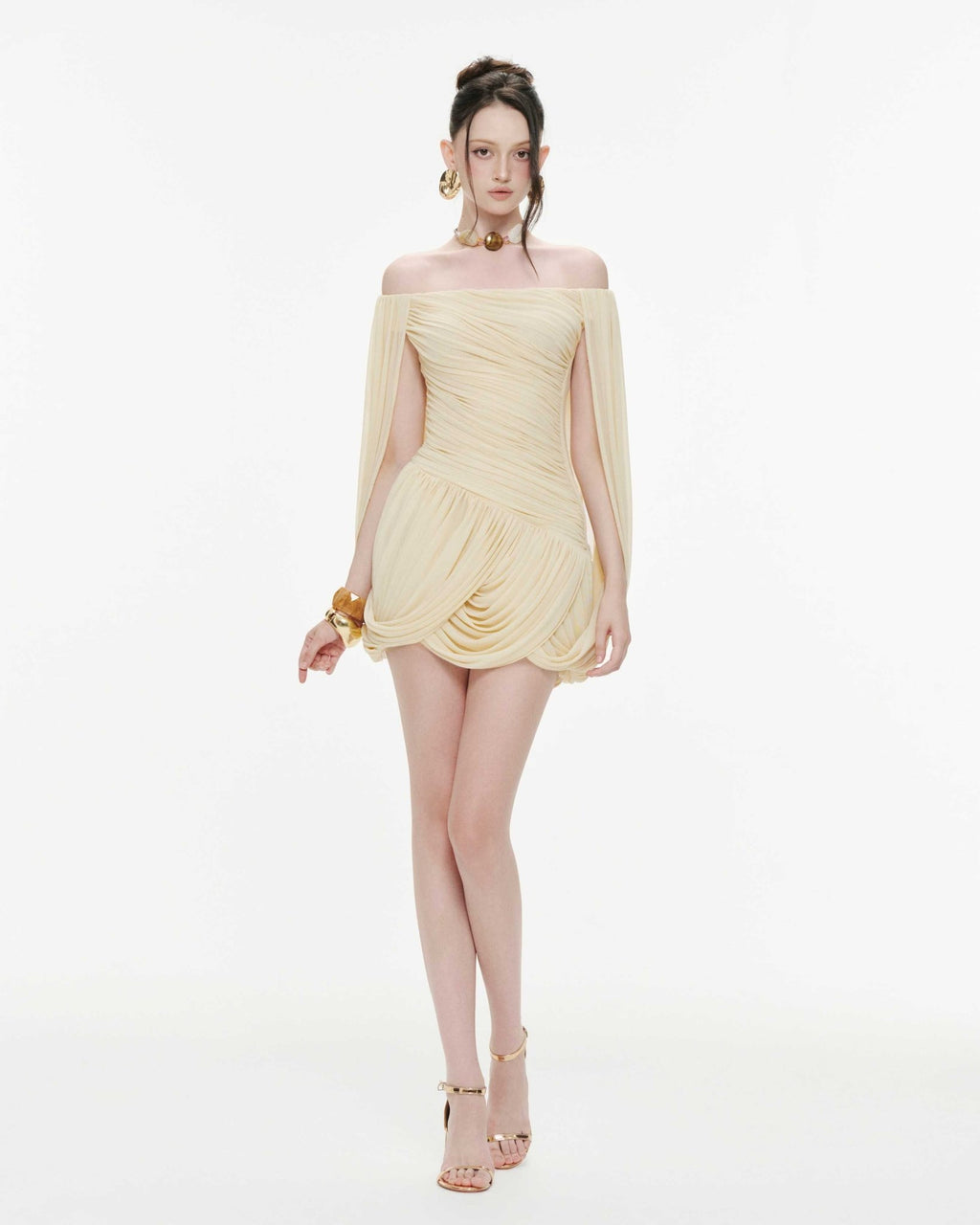 Off Shoulder Flowy Sleeve Ruched Mini Dress - MAYMOONLY