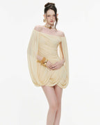 Off Shoulder Flowy Sleeve Ruched Mini Dress - MAYMOONLY