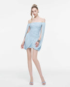 Off Shoulder Flowy Sleeve Ruched Mini Dress - MAYMOONLY