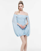 Off Shoulder Flowy Sleeve Ruched Mini Dress - MAYMOONLY