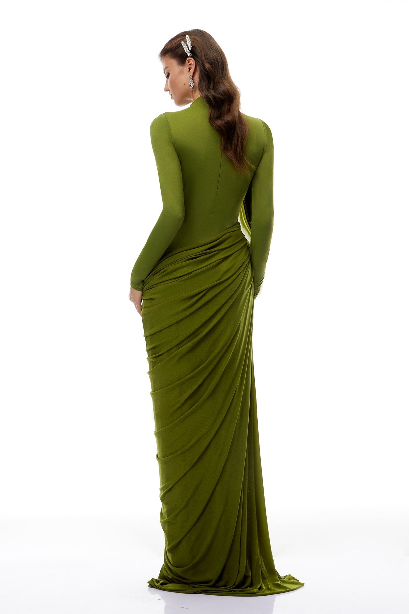Olive Green High Neck Draped Ruched Maxi Gown - MAYMOONLY