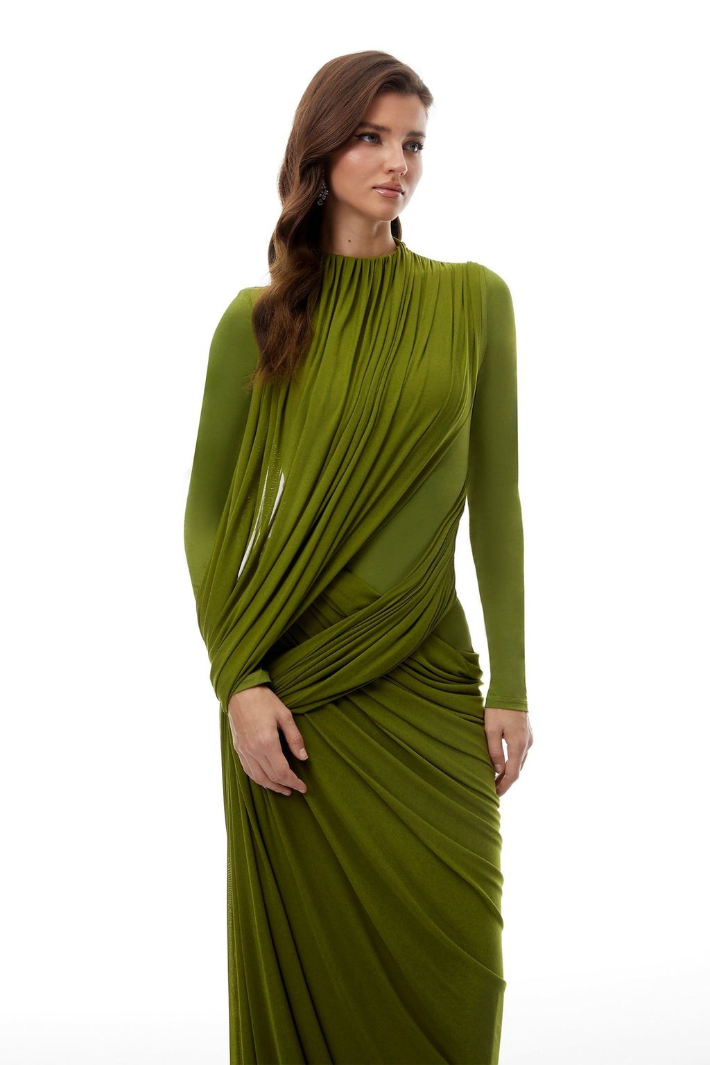 Olive Green High Neck Draped Ruched Maxi Gown - MAYMOONLY