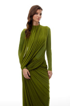 Olive Green High Neck Draped Ruched Maxi Gown - MAYMOONLY