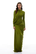 Olive Green High Neck Draped Ruched Maxi Gown - MAYMOONLY
