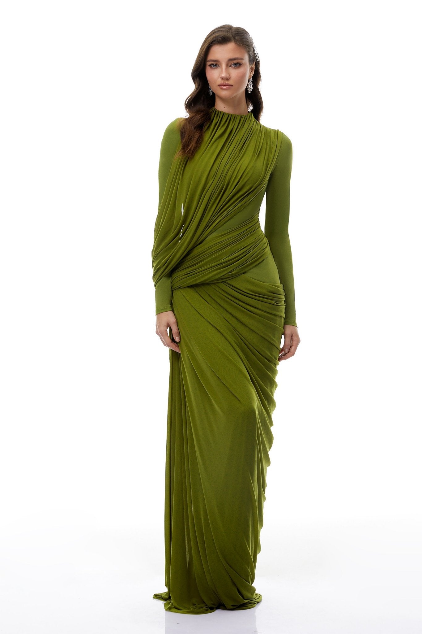 Olive Green High Neck Draped Ruched Maxi Gown - MAYMOONLY