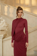 Olive Green High Neck Draped Ruched Maxi Gown - MAYMOONLY