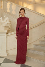 Olive Green High Neck Draped Ruched Maxi Gown - MAYMOONLY