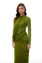 Olive Green High Neck Draped Ruched Maxi Gown - MAYMOONLY