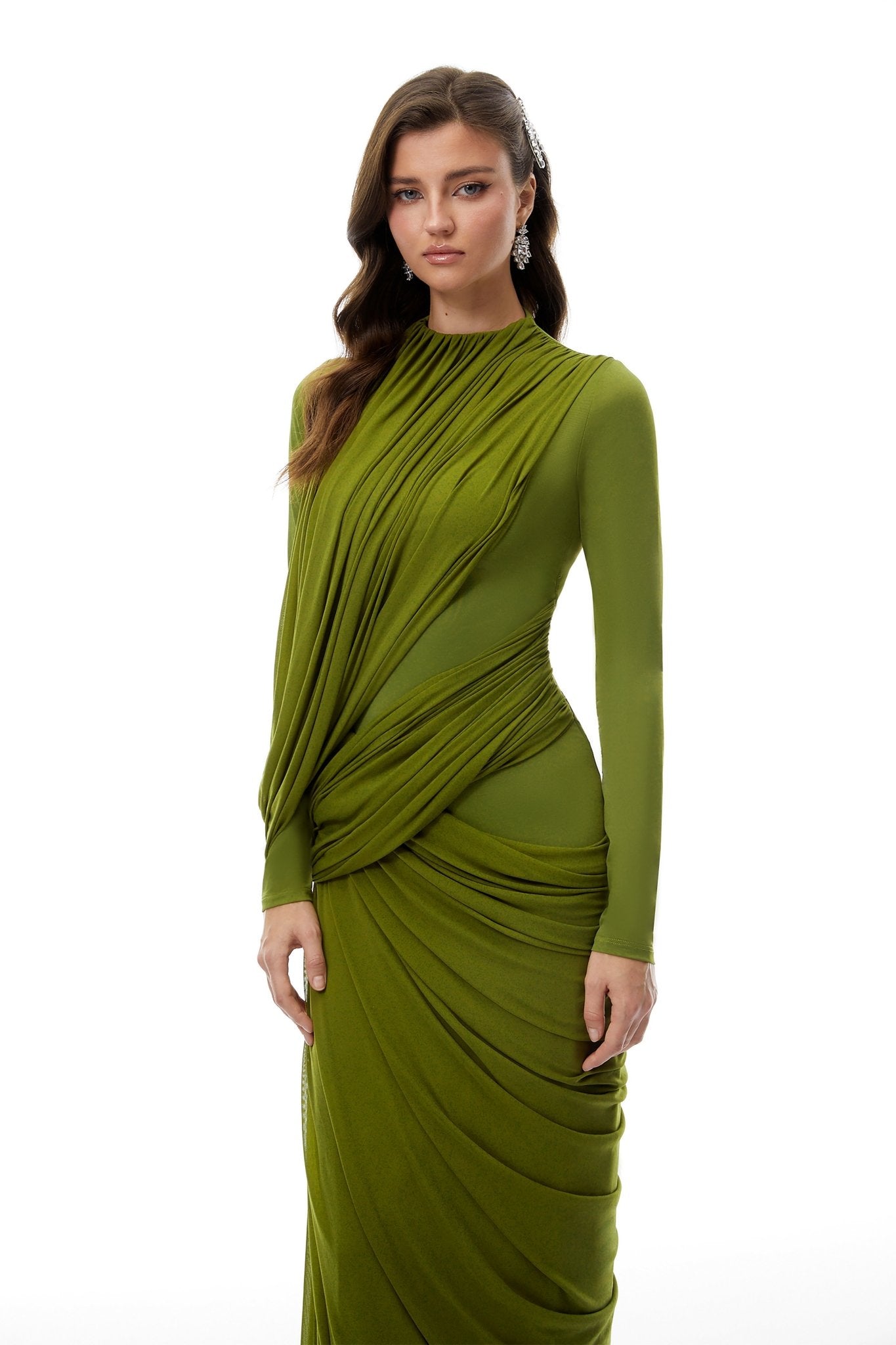 Olive Green High Neck Draped Ruched Maxi Gown - MAYMOONLY