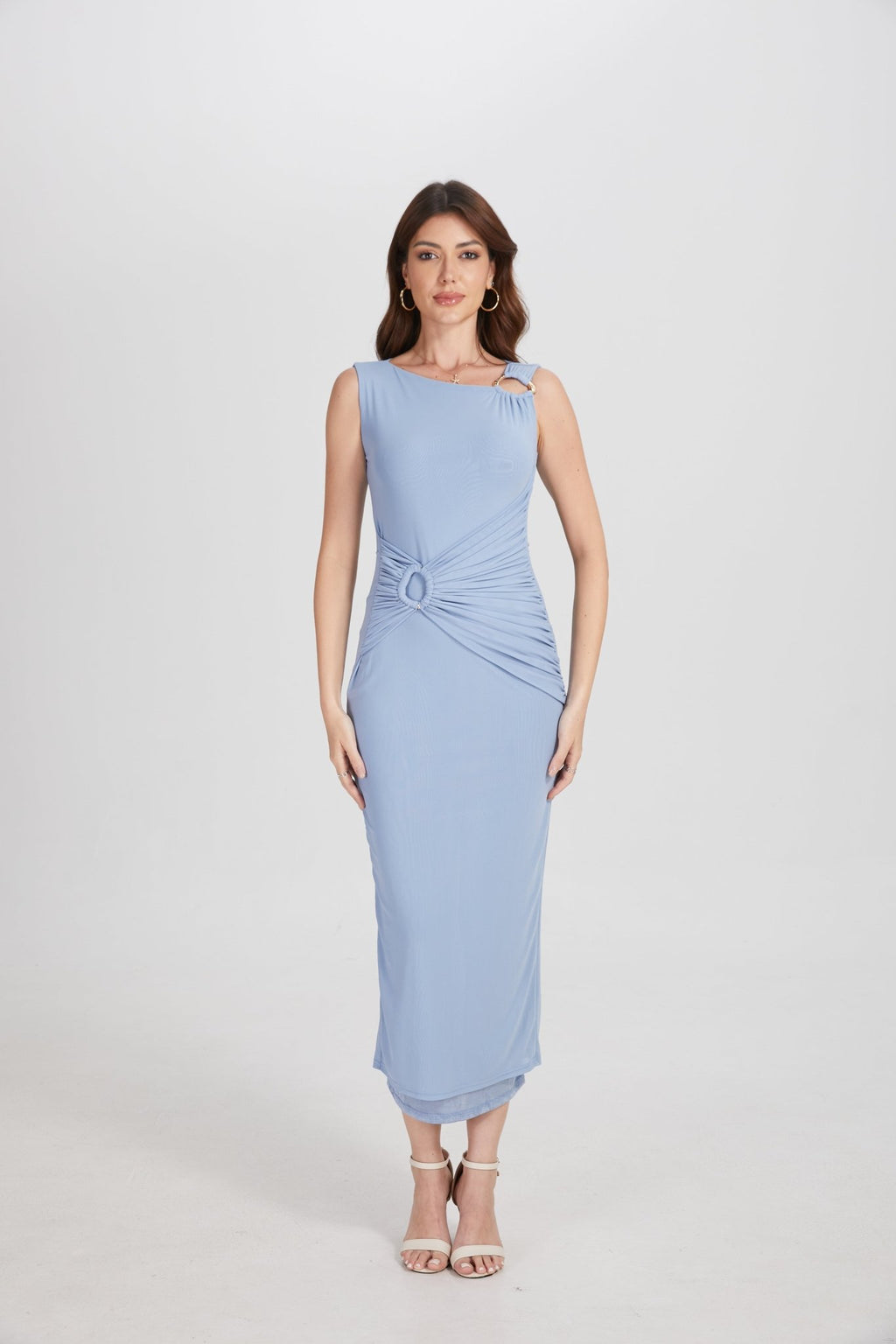 One Shoulder Hardware Ruched Slim Fit Evening Gown - MAYMOONLY