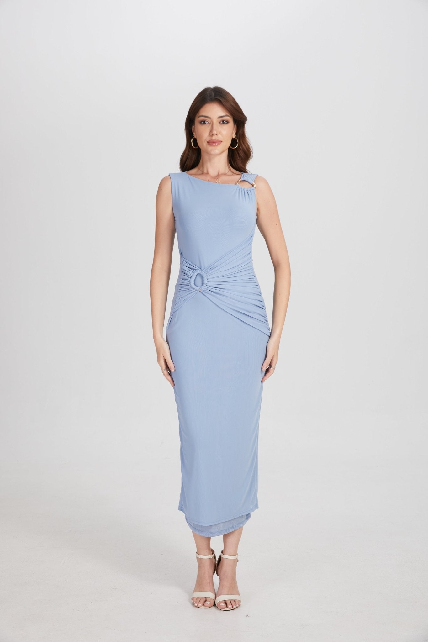 One Shoulder Hardware Ruched Slim Fit Evening Gown - MAYMOONLY