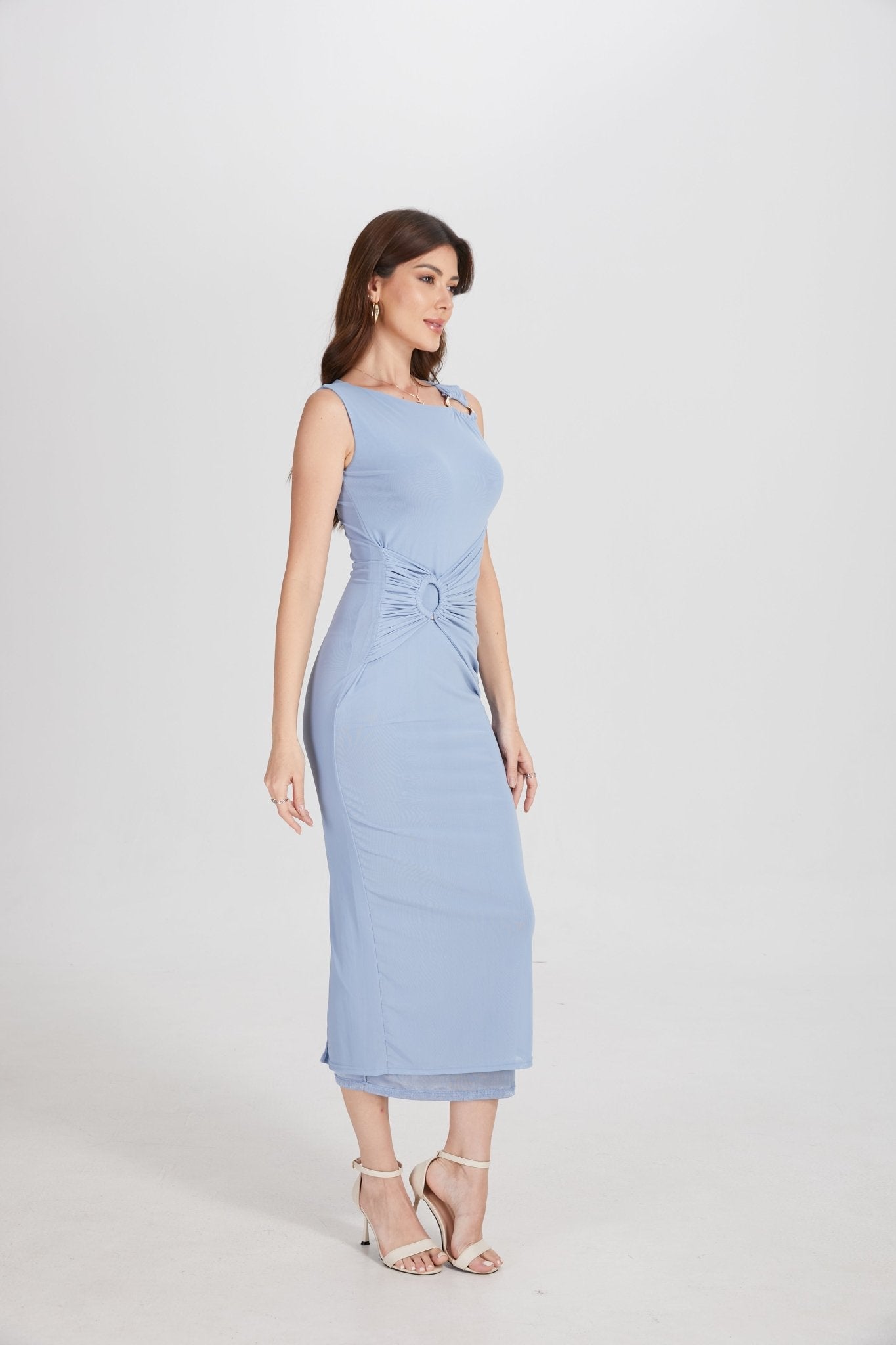 One Shoulder Hardware Ruched Slim Fit Evening Gown - MAYMOONLY