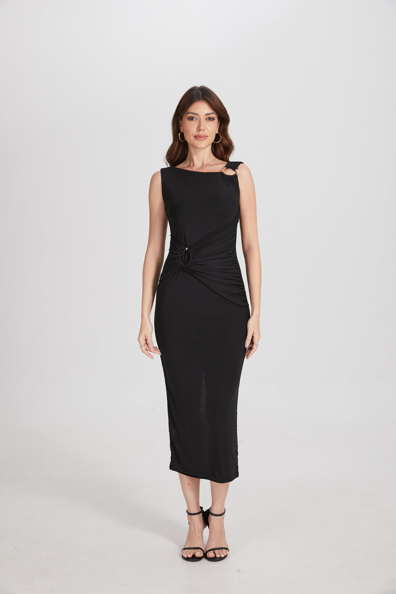 One Shoulder Hardware Ruched Slim Fit Evening Gown - MAYMOONLY