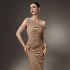 One Shoulder Strap Twist Hardware Side Gathered Bodycon Floor Length Evening Gown - MAYMOONLY