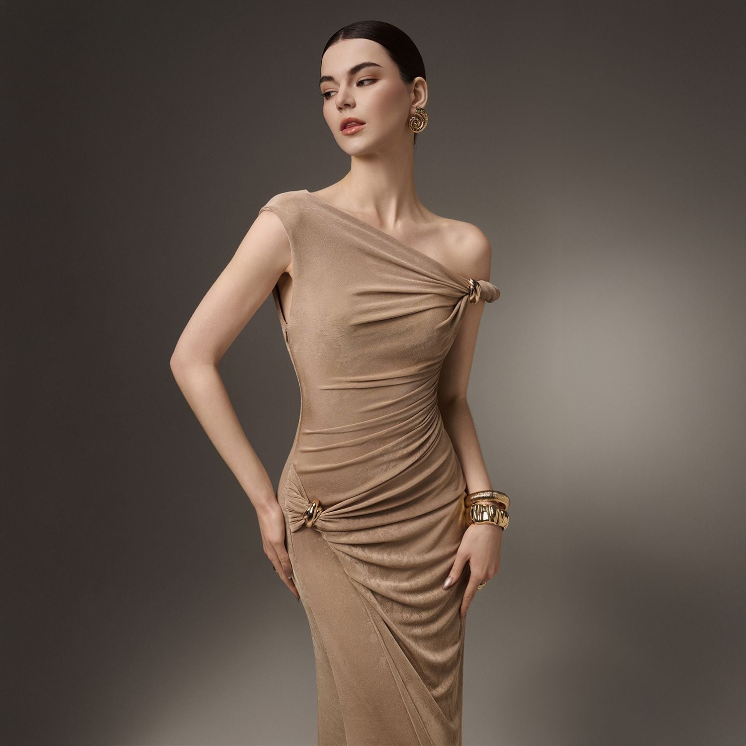 One Shoulder Strap Twist Hardware Side Gathered Bodycon Floor Length Evening Gown - MAYMOONLY