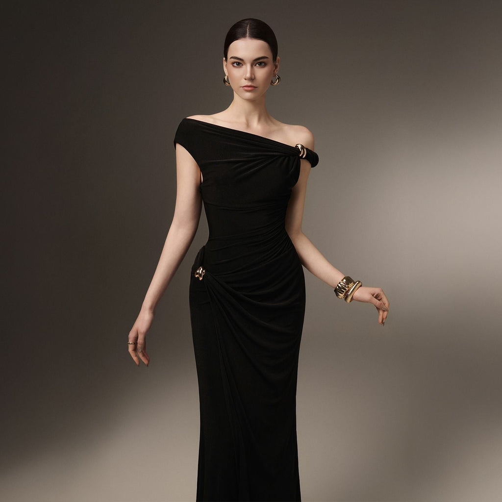 One Shoulder Strap Twist Hardware Side Gathered Bodycon Floor Length Evening Gown - MAYMOONLY