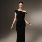 One Shoulder Strap Twist Hardware Side Gathered Bodycon Floor Length Evening Gown - MAYMOONLY