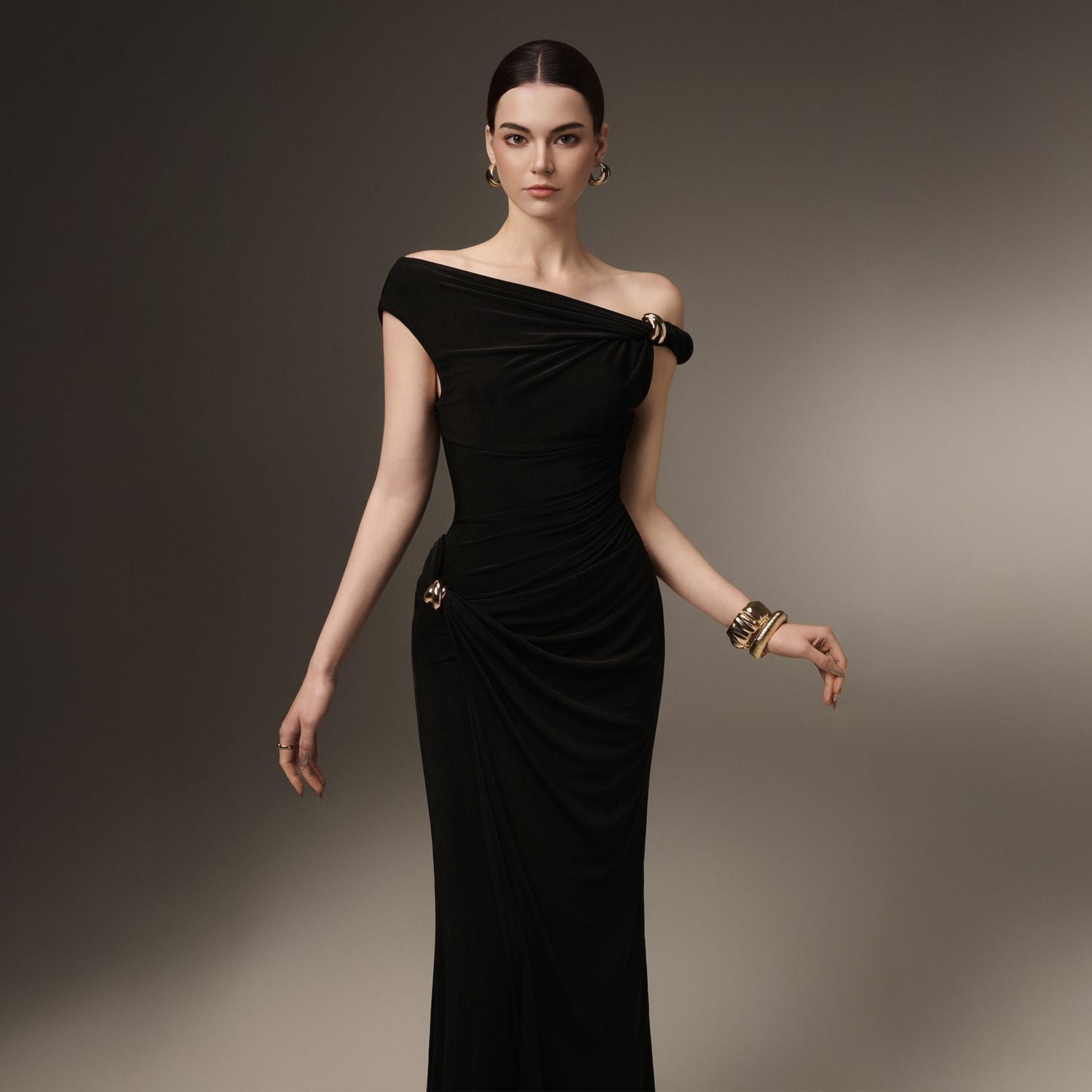 One Shoulder Strap Twist Hardware Side Gathered Bodycon Floor Length Evening Gown - MAYMOONLY