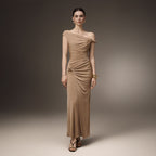 One Shoulder Strap Twist Hardware Side Gathered Bodycon Floor Length Evening Gown - MAYMOONLY