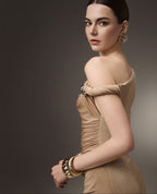 One Shoulder Strap Twist Hardware Side Gathered Bodycon Floor Length Evening Gown - MAYMOONLY