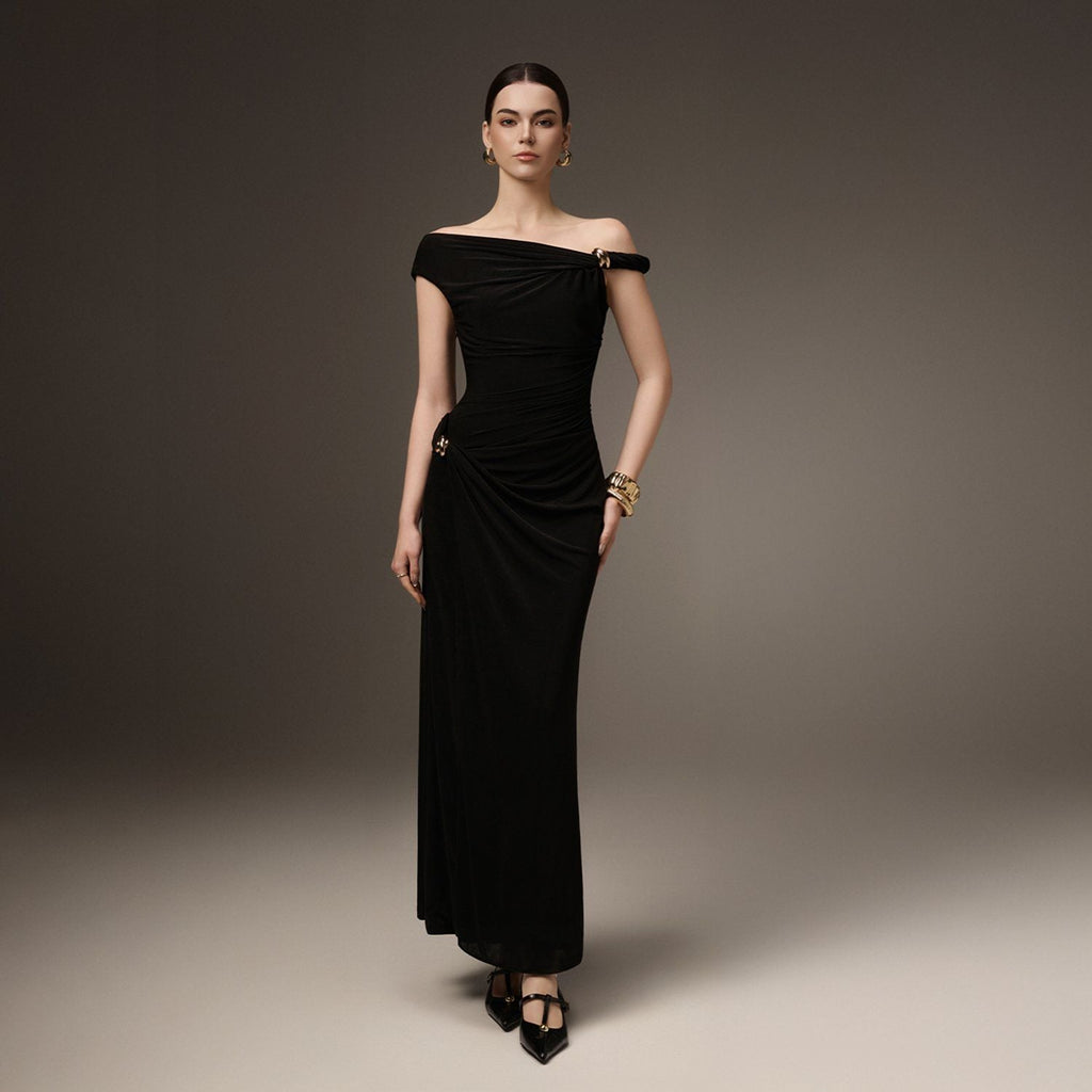 One Shoulder Strap Twist Hardware Side Gathered Bodycon Floor Length Evening Gown - MAYMOONLY