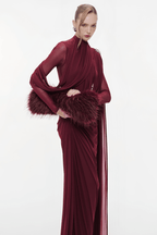 Sheer Sleeve Draped Cape Detail Ruched Waist Formal Evening Gown - MAYMOONLY
