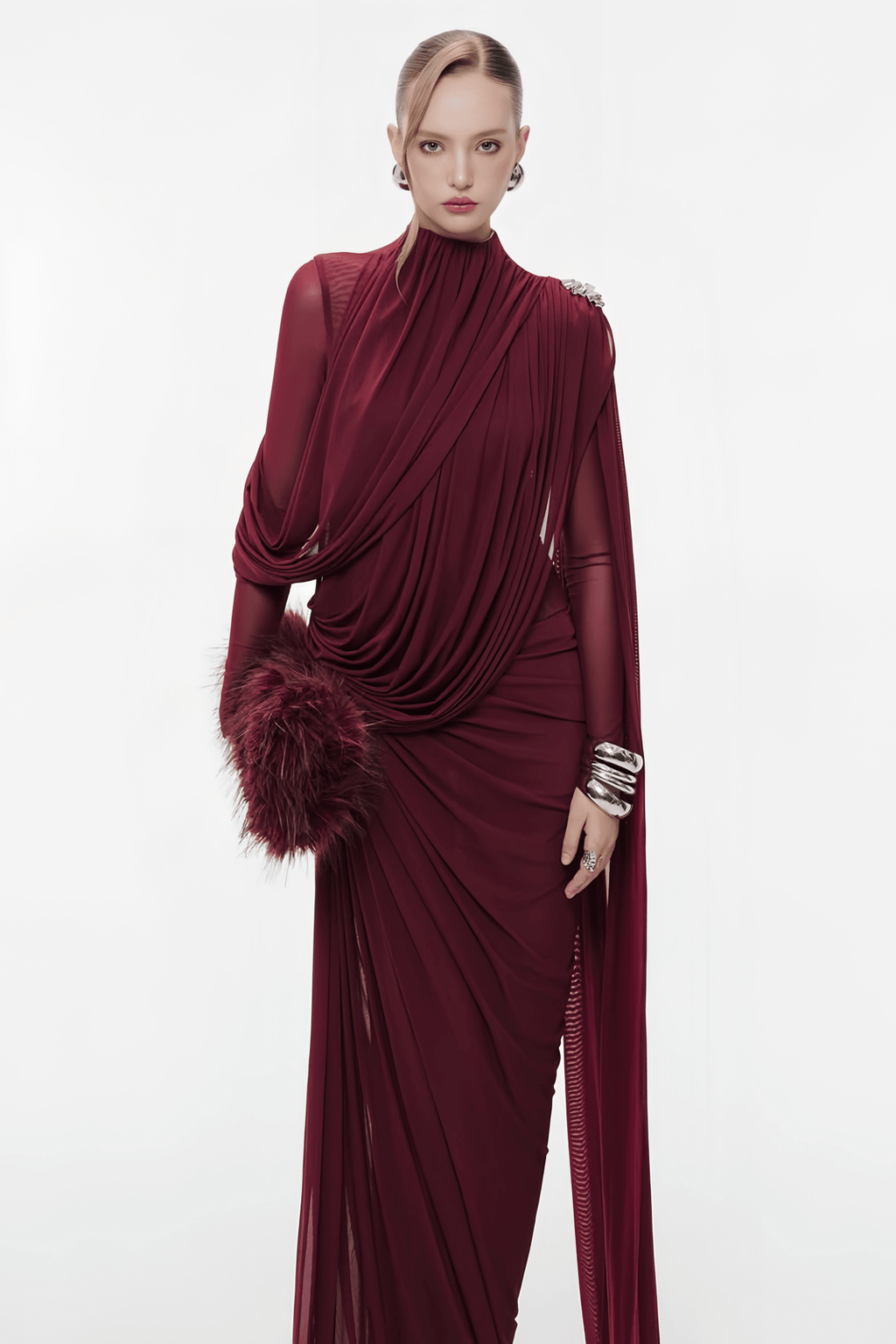 Sheer Sleeve Draped Cape Detail Ruched Waist Formal Evening Gown - MAYMOONLY