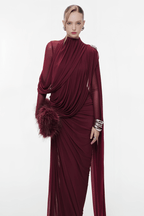 Sheer Sleeve Draped Cape Detail Ruched Waist Formal Evening Gown - MAYMOONLY