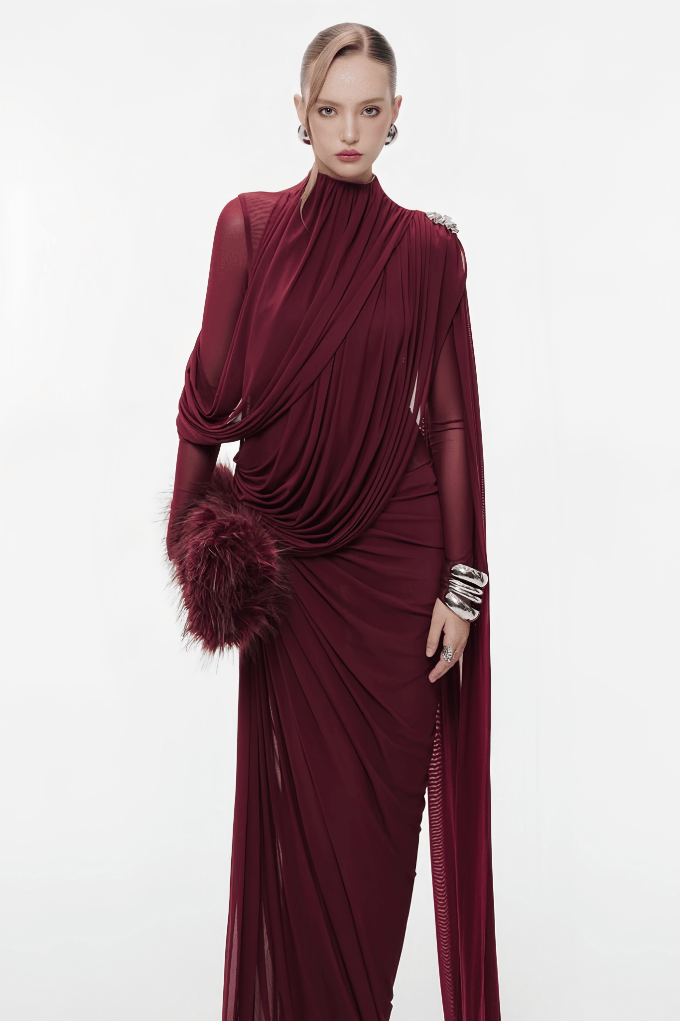 Sheer Sleeve Draped Cape Detail Ruched Waist Formal Evening Gown - MAYMOONLY