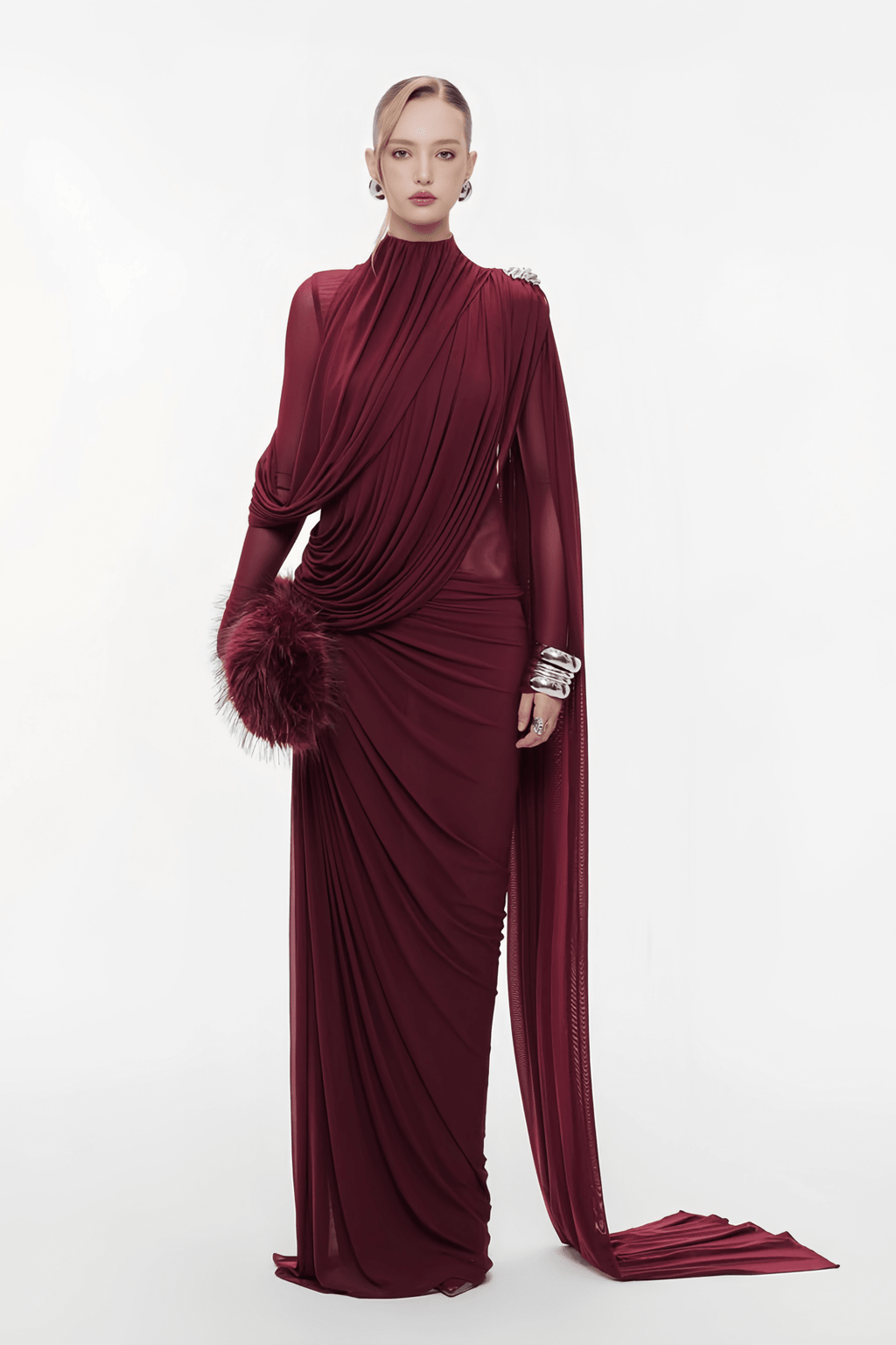 Sheer Sleeve Draped Cape Detail Ruched Waist Formal Evening Gown - MAYMOONLY