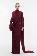 Sheer Sleeve Draped Cape Detail Ruched Waist Formal Evening Gown - MAYMOONLY