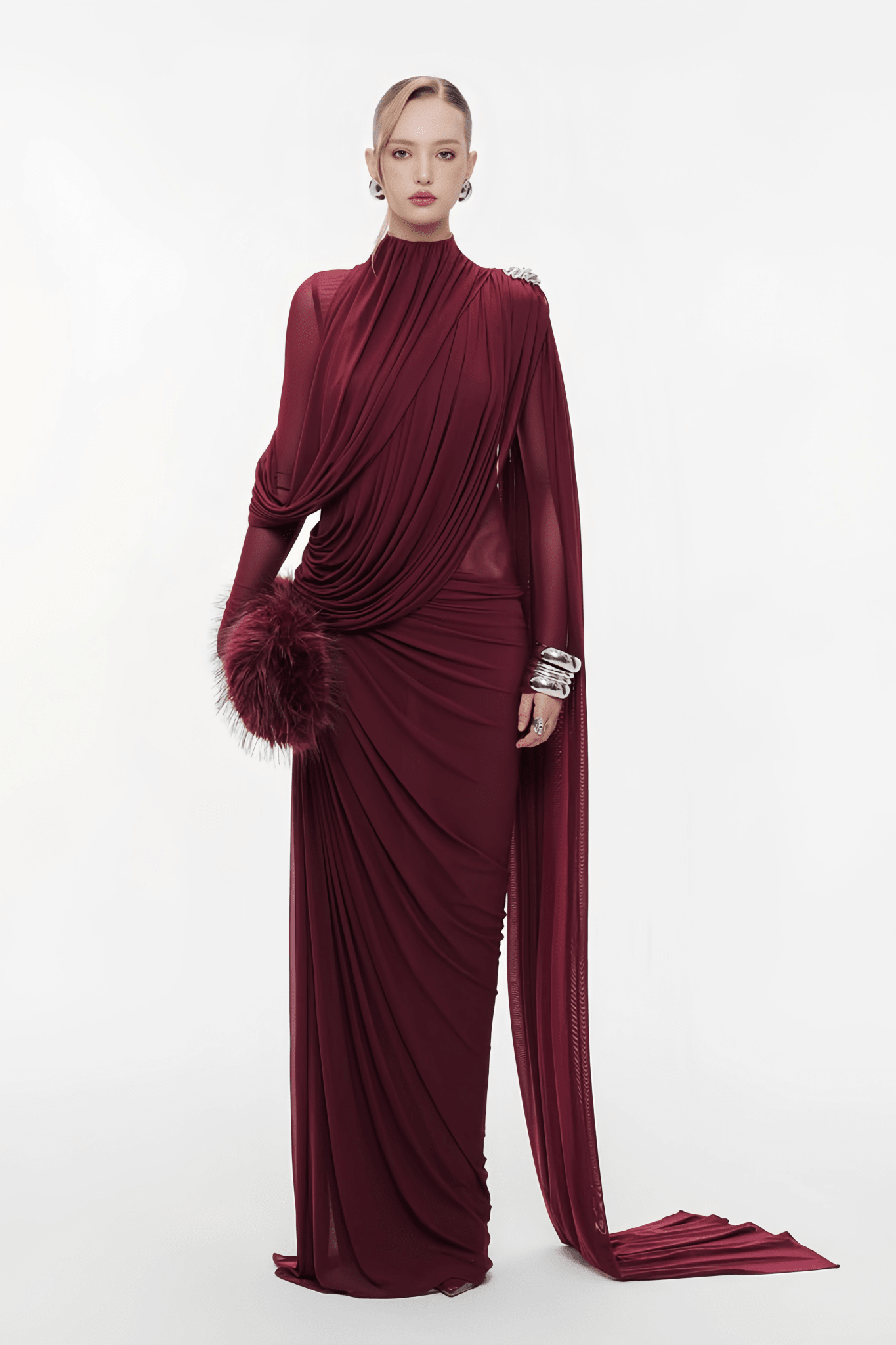 Sheer Sleeve Draped Cape Detail Ruched Waist Formal Evening Gown - MAYMOONLY