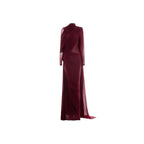 Sheer Sleeve Draped Cape Detail Ruched Waist Formal Evening Gown - MAYMOONLY