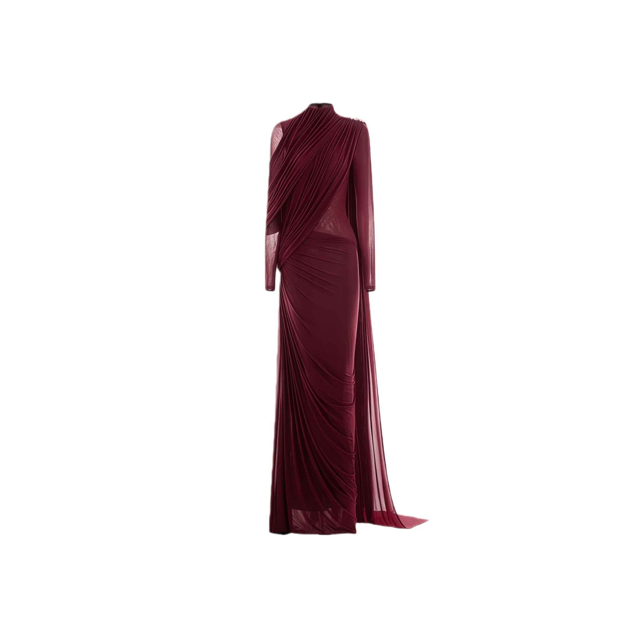Sheer Sleeve Draped Cape Detail Ruched Waist Formal Evening Gown - MAYMOONLY